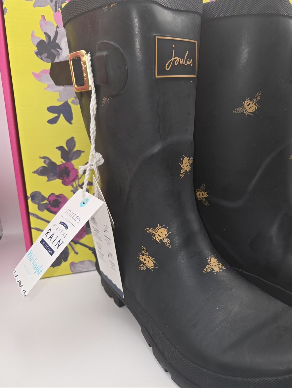 Joules Black Mid Welly Rain Boots with Gold Bee Motif - Picture 9 of 10